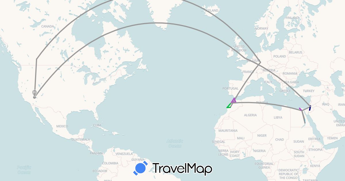TravelMap itinerary: driving, bus, plane, train, boat in Canada, Germany, Egypt, United Kingdom, Jordan, Morocco, United States (Africa, Asia, Europe, North America)